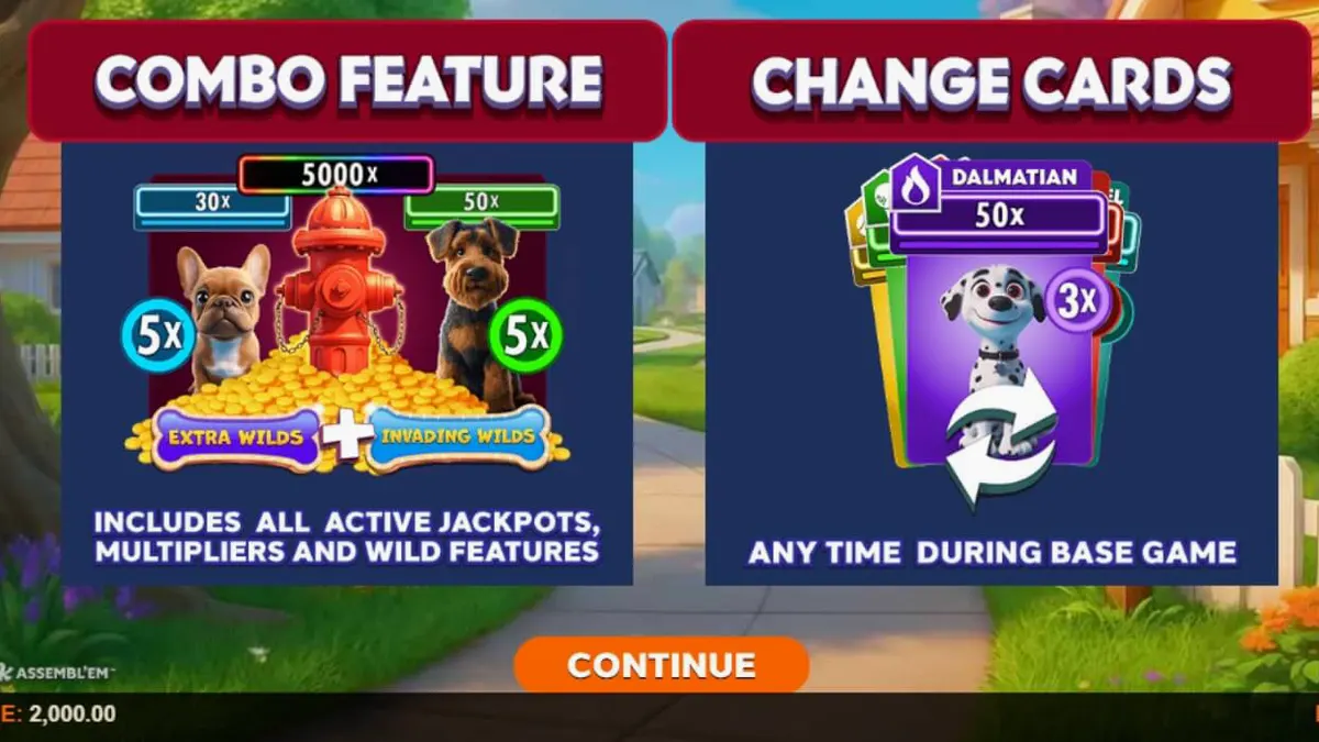 Tampilan visual slot Paw Pack Assembl’Em dengan karakter anjing yang ceria