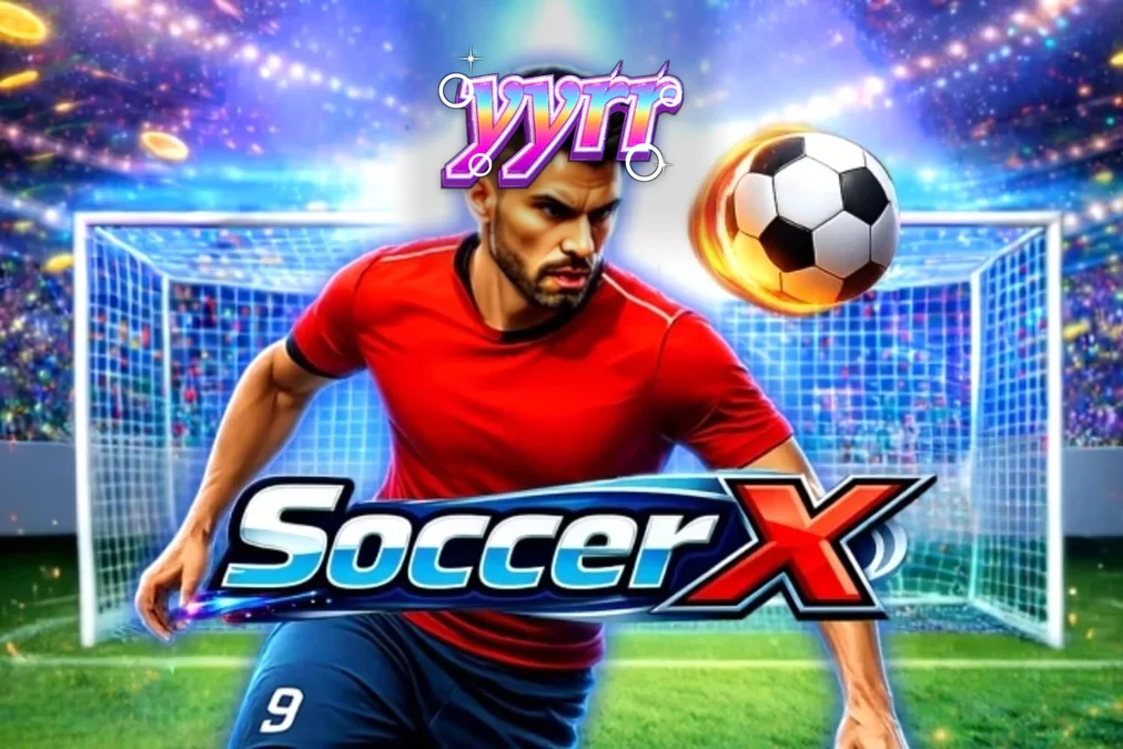 Tampilan antarmuka permainan slot SoccerX dengan tema adu penalti.